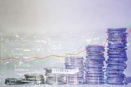 Double exposure of city and rows of coins for money, finance and business concept of teamwork and partnership. ECN Digital economy, best, passive income.の写真素材