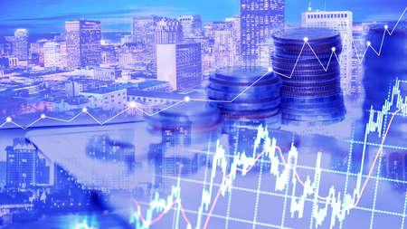 Financial investment concept, Double exposure of city night and stack of coins for finance investor,...