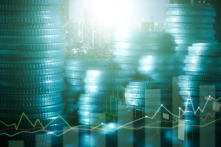 Financial investment concept, Double exposure of stack of coins and city for finance investor, Forex...