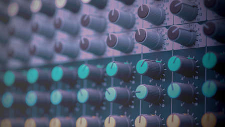 Close-up of sound mixer control panel. 3D rendering.