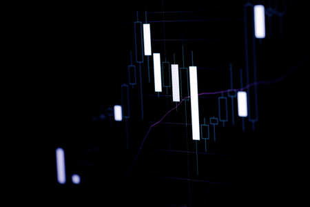 Candle stick graph chart with indicator showing bullish point or bearish point, up trend or down...