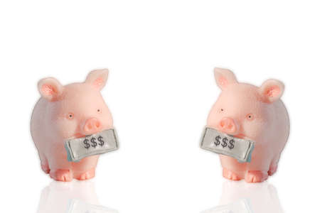 Selective focus piggy bank coin with stack of coin isolated on white background. Saving money and financial, business financial banking and money saving concept.の写真素材