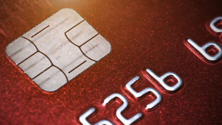 Macro detail of a brand and gray luxurious credit card, concept EMV chip card is a technical standard for smart payment cards, One of the digital banking, It gives the customer a more comfortable.の写真素材