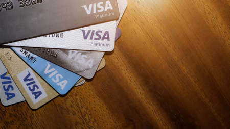 Bangkok, Thailand - November 24, 2021 : VISA logo on card, closeup macro view with a shallow depth...