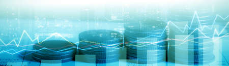 Financial investment - Double exposure of graph and rows of coins for finance and business concept,...