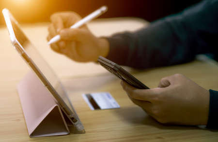 Businessman using smartphone, Digital marketing, IoT Internet of Things, E-commerce and online...