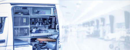 Rescue Team Providing First Aid, Emergency equipment and devices, Ambulance interior details, Inside ambulance car, necessary equipment for patient care, car to hospital.の写真素材