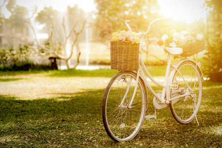 Vintage bicycle with basket full of flowers standing in the field, Bicycle at summer grass field, classic Bike, old bicycle style for greeting Cards, post card.の写真素材