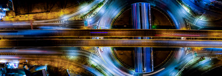 City interchange closeup at night, Smart Modern city night background and wireless communication...