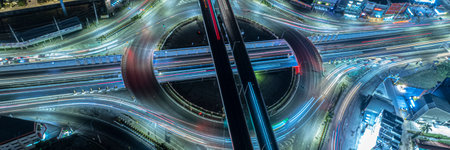 Expressway top view, Road traffic an important infrastructure, Drone aerial view fly in circle,...