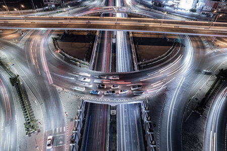 Expressway top view, Road traffic an important infrastructure, Drone aerial view fly in circle,...