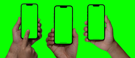 Hand holding smart phone Mockup and screen Transparent, Clipping Path isolated for Infographic Business web site design app, green screenの写真素材
