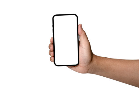 Smartphone similar to 14 with blank white screen for Infographic Global Business Marketing Plan, mockup model similar to 15 isolated Background of digital investment economy - Clipping Pathの写真素材