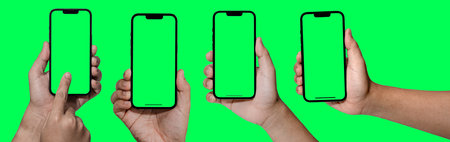 Smartphone frameless mockup. Studio shot of green screen smartphone with blank screen for Infographic Global Business web site design app, Content for technology - Clipping Path.の写真素材