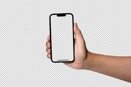 Smartphone similar to 14 with blank white screen for Infographic Global Business Marketing Plan, mockup model similar to 15 isolated Background of digital investment economy - Clipping Pathの写真素材