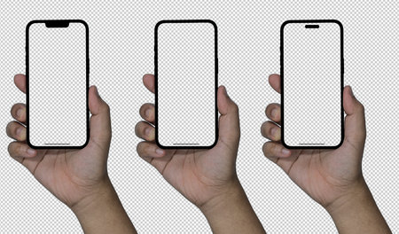 modern frameless design, Hand holding smart phone Mockup and screen Transparent and Clipping Path isolated for Infographic Business web site design app, holding smartphone.の写真素材