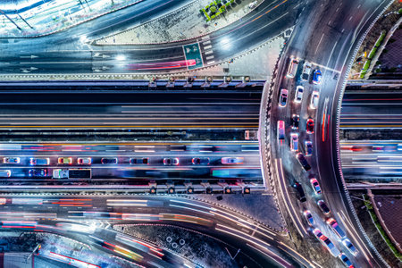 Expressway top view, Road traffic an important infrastructure, Drone aerial view fly in circle, traffic transportation, Public transport or commuter city life concept of economic and energ, transportの写真素材