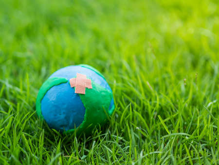 earth on the ground and green grass field background. environment save earth concept.