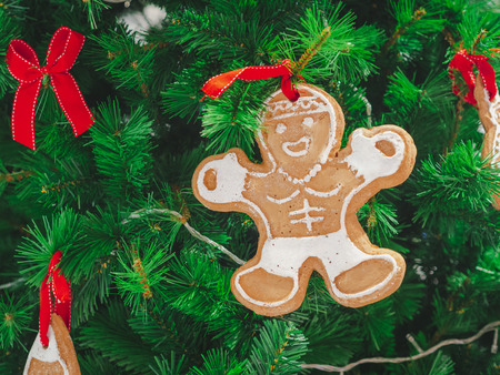 Closeup Soft focus gingerbread decorate on christmas tree. ChristmasDay Background.の写真素材