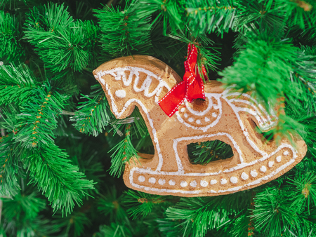 Closeup Soft focus horse gingerbread decorate on christmas tree. ChristmasDay Background.の写真素材