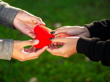 Couple on Valentines day. The man gives red heart to the woman in the park. Love, Valentines Day
