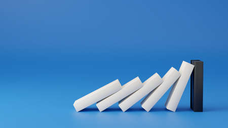 white domino effect stopped by black domino. business crisis effect or risk protection, business solution and intervention, leadership, Strategy development. 3D Render Illustration.の写真素材