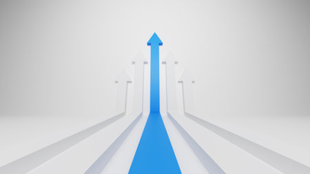Leader blue arrow leading white arrow on white background. Teamwork, Cooperation, Business Partner, Leadership conceptの写真素材