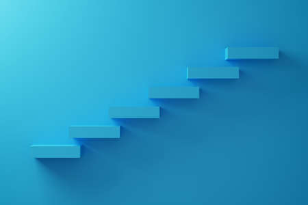 Blue block stack as stair step on blue background. Success, climbing to the top, Progression, business growth concept. 3D Render Illustration.の写真素材