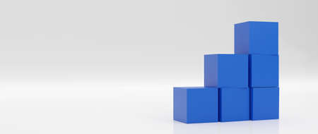 a pile of blue boxes stack as stair step on white background. Success, climbing to the top, Progression, business growth concept. 3D Render Illustration.の写真素材