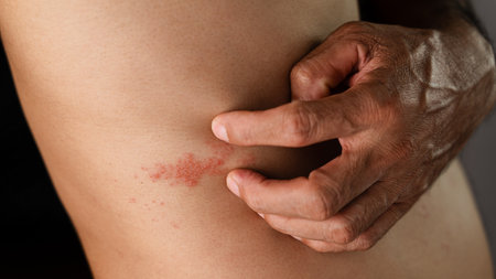 Man with shingles disease, skin infected with Herpes zoster, virus, Healthcare and medical.