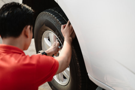A man is sitting on the ground and inflating a tire with a tire inflator. Concept of urgency and the importance of maintaining proper tire pressure for safe drivingの写真素材