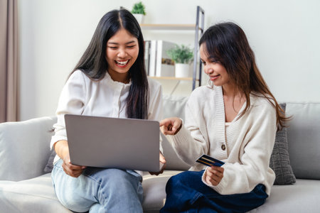 Two women sitting on a couch and using the laptop computer, one of them holding a credit card. They are smiling and seem to be discussing something, shopping online concept.の写真素材