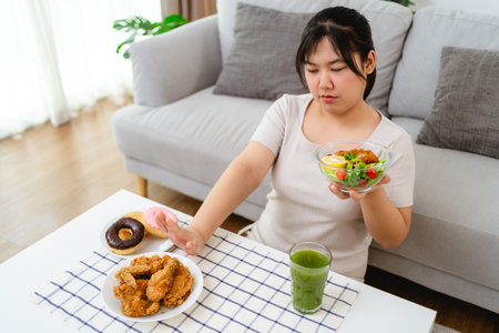 Young Asian woman refuse fried chicken, donuts, junk food, or unhealthy food and eat fresh green salad for good health at home, weight loss, healthy lifestyle, healthy food, and dieting conceptの写真素材