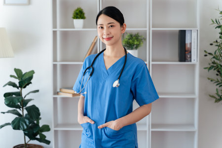Asian female doctor or nurse standing confidently with stethoscope hanging on her neck in her office, Healthcare Worker, Medical Professional.の写真素材