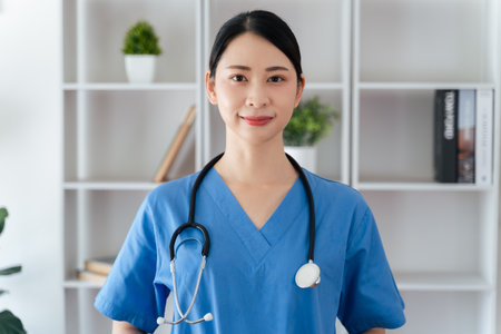 Asian female doctor or nurse standing confidently with stethoscope hanging on her neck in her office, Healthcare Worker, Medical Professional.の写真素材