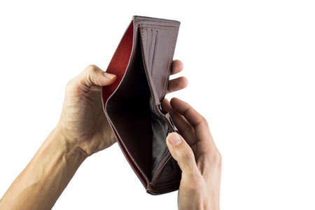 Man hand holding empty wallet isolated on white background