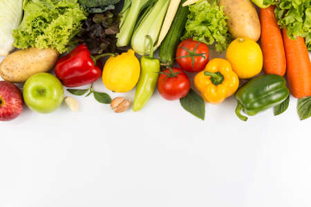 Top view of fruits and vegetables Isolated on a white background with copy space