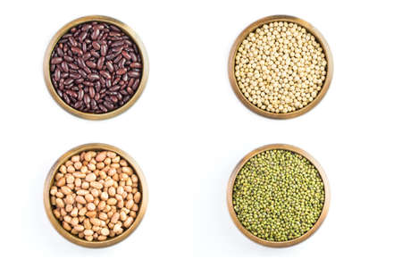 Beans variety,peanut,red beans with soybeans and mung bean in wooden bowl isolated on white...