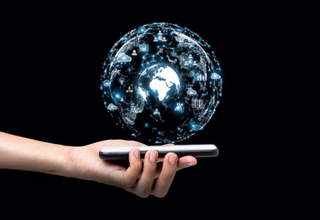 Businessman using a mobile smartphone to search for information on a global network. concept of global data connection via internetの写真素材