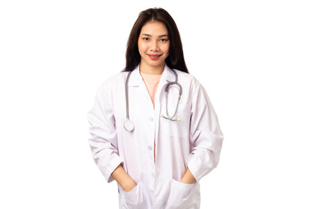 portrait happy asian woman doctor on white backgroundの写真素材