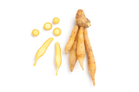 top view Kaempferia slice and finger root isolated on a white background
