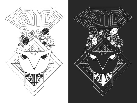 Linear illustration of owl head and leaves.のイラスト素材