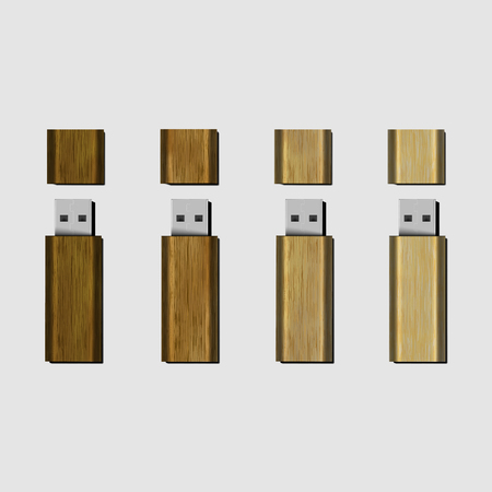 Vector wood USB flash drive isolated on light gray background