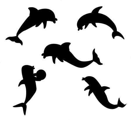 Cute silhouettes dolphins set. Cute cartoon blue dolphin character play, jump through hoop and draw. Marine animal vector set. Dolphin show performance jump hoop illustration.のイラスト素材