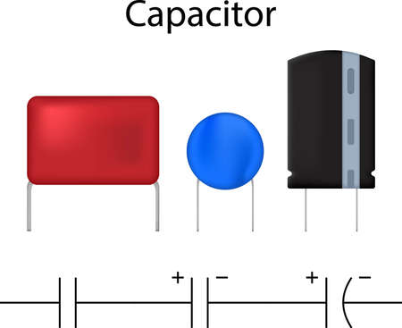 Realistic capacitor electronic component with symbols vector illustration electrical device icon art.のイラスト素材
