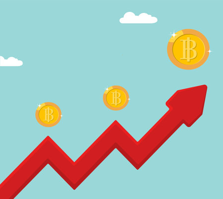 Bitcoin falling up with graph, Bitcoin Cryptocurrency Stock Value Market Demand Price Rise Increase Up Skyrocket With Graph Chart Diagram Vector flat Illustrationのイラスト素材
