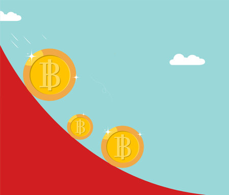 Bitcoin BTC price falls down. Bitcoin crash design. Red slope shows Bitcoin price going down, Risk investment vector illustrationのイラスト素材