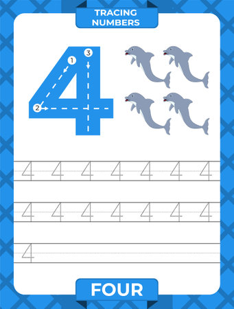 Number 4 trace, Worksheet for learning numbers, kids learning material, kids activity pageのイラスト素材