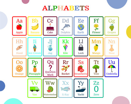 English colorful alphabets and vocabulary card vector for kids to help learning, words of letter abc to z , card isolated on white background.のイラスト素材