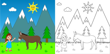 Cute cartoon donkey coloring page with line art vector illustrationのイラスト素材